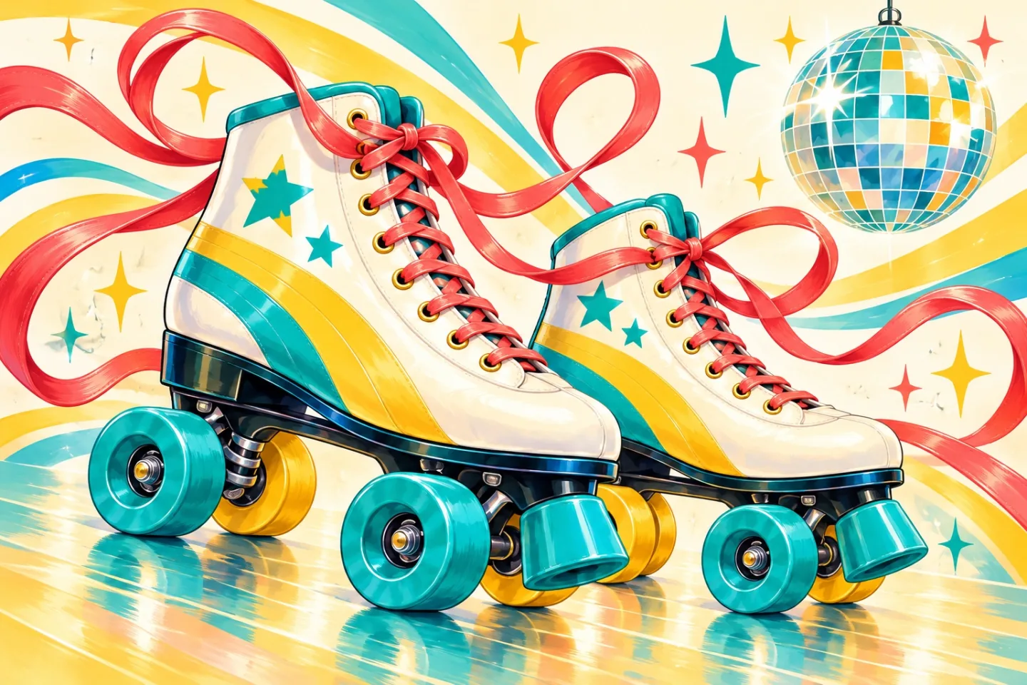 Illustrated cream roller skates with red ribbons, teal wheels and a disco ball